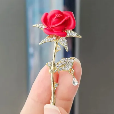 Rhinestone Red Rose Flower Hijab Brooch / Pin